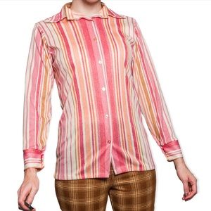 Vintage 60s or 70s Long Sleeve Button Up Blouse with Pink and Tan Stripes.